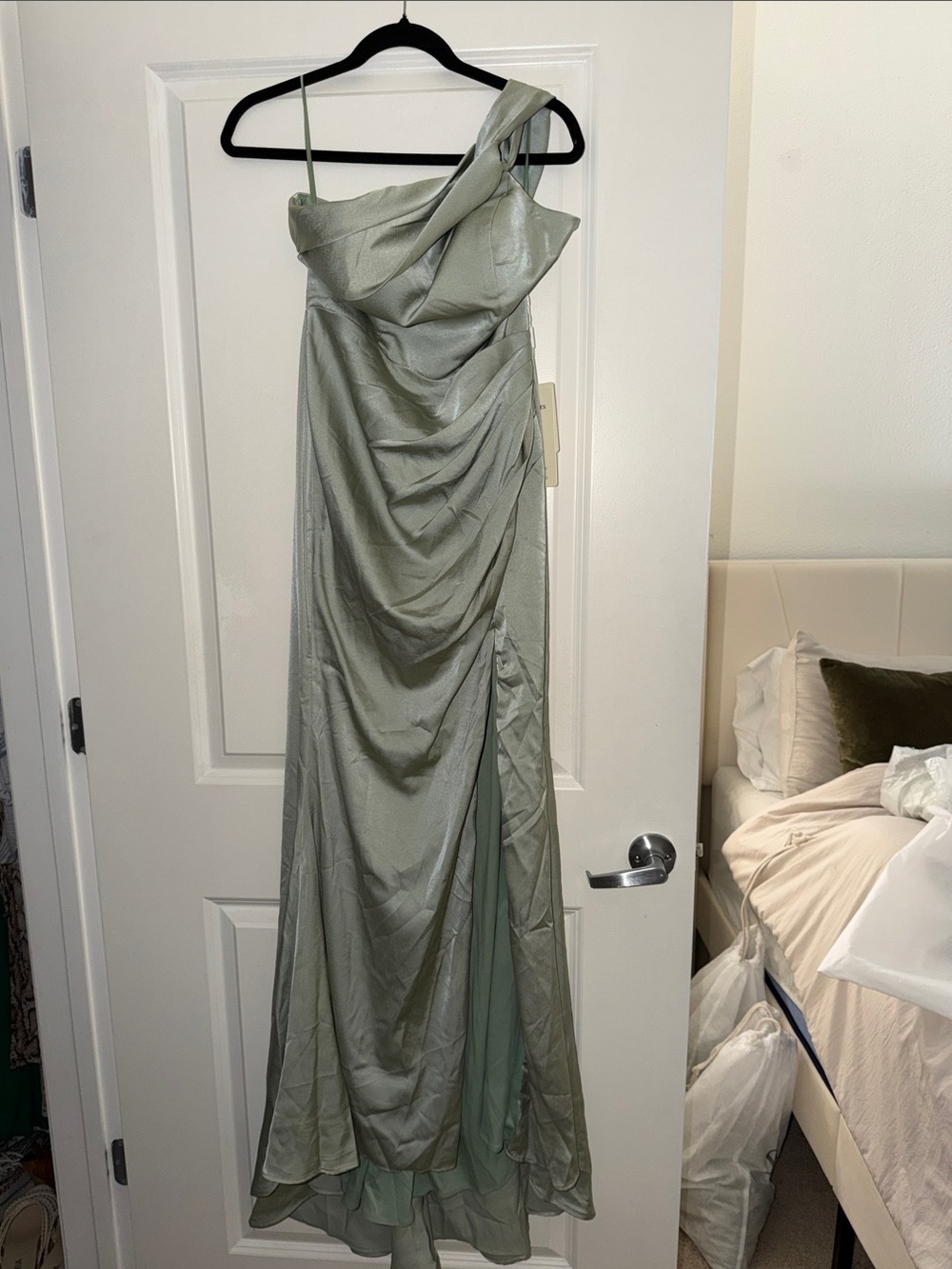 Sage Green One-Shoulder Ruched Evening Dress